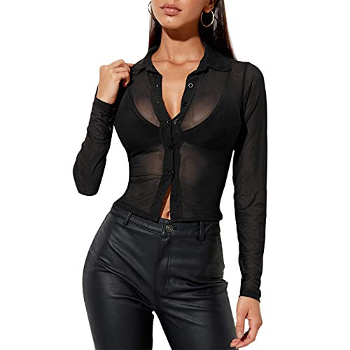 Damen Sexy Y2K Mesh Crop Top Langarm Durchsichtig Strickjacke Oberteil Button Down Bluse T-Shirts Vintage E-Girl Streetwear (A-Schwarz, L) von Alaurbeauty