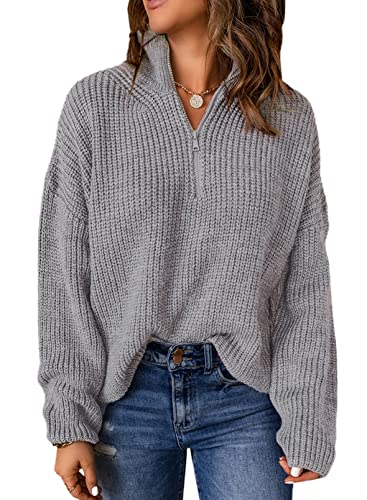 Aleumdr Damen Pullover Elegant Reißverschluss Strickpullover Damen Rollkragenpullover Grobstrick Pullover für Damen Winterpullover Sweatshirts Causal Rollkragenpulli Sweater,Grau S von Aleumdr