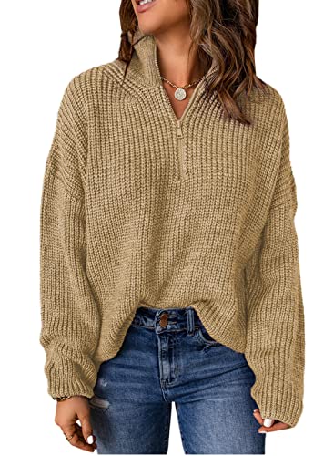 Aleumdr Damen Pullover Elegant Reißverschluss Strickpullover Damen Rollkragenpullover Herbst Grobstrick Pullover für Damen Winterpullover Causal Strickpulli Sweater Festliche Pullover,Beige S von Aleumdr