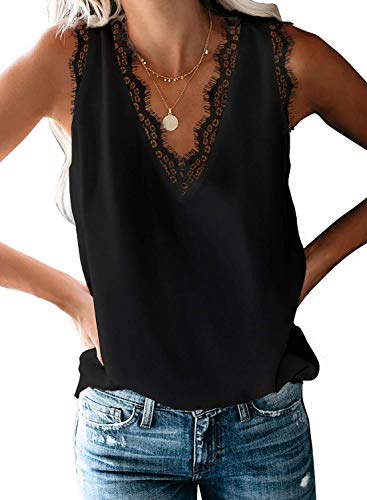 Aleumdr Top Damen Sexy Top V-Ausschnitt Top mit Spitze Ärmellose Tank Top Weste Slip Sommer Strand Vest Top Bluse 1-schwarz L von Aleumdr