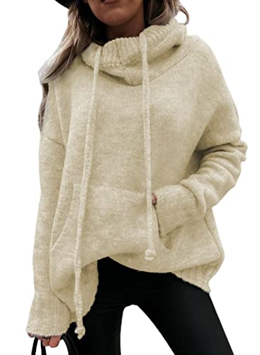 Aleumdr Hoodie Pullover Damen Elegant Kapuzenpullover Hoodie Damen Oversize Pullover Winter Strickpullover Damen Rollkragenpullover Strickpulli Sweatshirt mit Kapuze,Beige M von Aleumdr