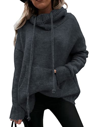 Aleumdr Hoodie Pullover Damen Elegant Kapuzenpullover Hoodie Damen Oversize Pullover Winter Strickpullover Damen Rollkragenpullover Strickpulli Sweatshirt mit Kapuze,Dunkelgrau L von Aleumdr