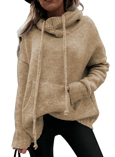 Aleumdr Hoodie Pullover Damen Elegant Kapuzenpullover Hoodie Damen Oversize Pullover Winter Strickpullover Damen Rollkragenpullover Strickpulli Sweatshirt mit Kapuze,Khaki XL von Aleumdr