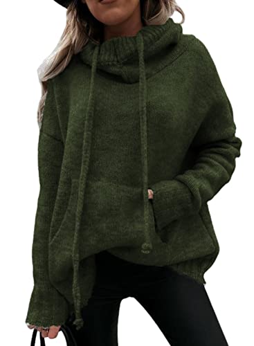 Aleumdr Hoodie Pullover Damen Kapuzenpullover Elegant Herbst Strickpullover Damen Langarm Rollkragenpullover Kapuzenpulli Winter Pullover Damen mit Kapuze Sweatshirts,Dunkelgrün XXL von Aleumdr