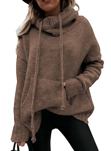 Aleumdr Kapuzenpullover Damen Strickpullover Oversize Pullover Damen Hoodie Sweatshirts Herbst Strickpulli Elegant Damen Rollkragenpullover Langarm Winterpullover mit Kapuze,Braun L von Aleumdr