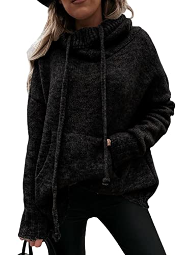 Aleumdr Pullover Damen Elegant Rollkragenpullover Oversize Kapuzenpullover Damen Langarm Hoodie Sweatshirts Herbst Strickpullover Damen Rollkragen Winterpullover Strickpulli,Schwarz XXL von Aleumdr