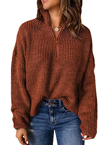 Aleumdr Pullover Damen Oversize Rollkragenpullover Damen Herbst Strickpullover Elegant Winterpullover Reißverschluss Rollkragen Pullover Damen Grobstrick Strickpulli,Rot XL von Aleumdr