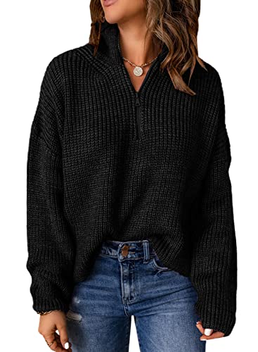 Aleumdr Pullover Damen Oversize Rollkragenpullover Damen Herbst Strickpullover Elegant Winterpullover Reißverschluss Rollkragen Pullover Damen Grobstrick Strickpulli,Schwarz XXL von Aleumdr