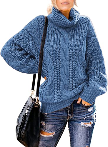 Aleumdr Pullover Damen Oversize Rollkragenpullover Damen Herbst Strickpullover Winterpullover Elegant Rollkragen Pullover Damen Grobstrick Strickpulli,Sky Blau L von Aleumdr