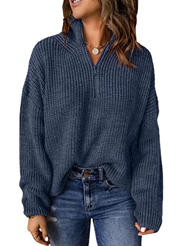 Aleumdr Pullover Damen Rollkragen Damen Strickpullover Elegant Herbst Winterpullover Reißverschluss Strickpulli Damen Grobstrickpullover Sweatshirt Langarmshirts,Dunkelblau M von Aleumdr