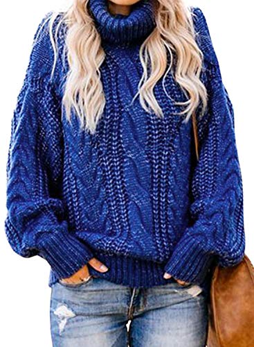 Aleumdr Rollkragenpullover Strickpullover Damen Winterpullover Oversize Rollkragen Pullover Grobstrick Strickpulli Blau L von Aleumdr