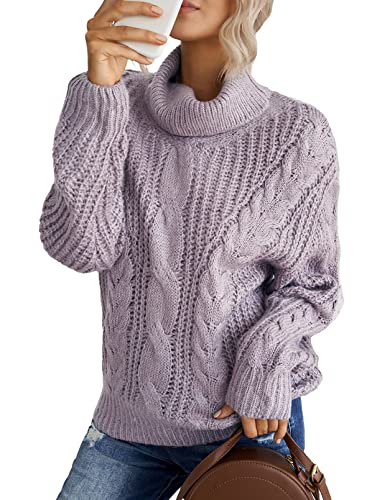 Aleumdr Rollkragenpullover Strickpullover Damen Winterpullover Oversize Rollkragen Pullover Grobstrick Strickpulli Lila L von Aleumdr