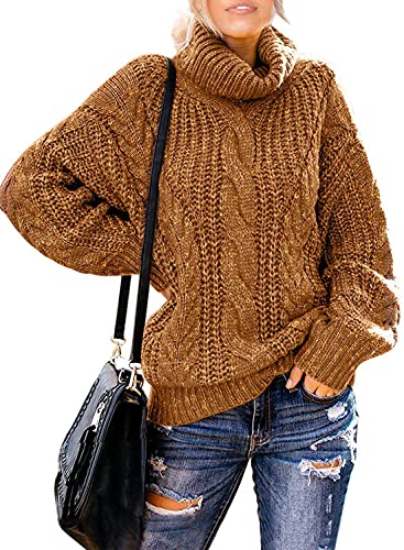 Aleumdr Rollkragenpullover Strickpullover Damen Winterpullover Oversize Rollkragen Pullover Grobstrick Strickpulli Gelb M von Aleumdr