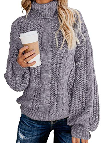 Aleumdr Rollkragenpullover Strickpullover Damen Winterpullover Oversize Rollkragen Pullover Grobstrick Strickpulli Grau XL von Aleumdr