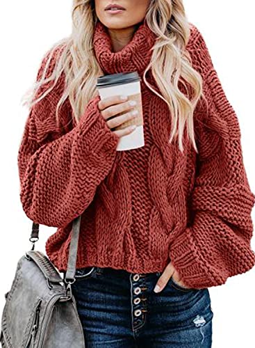 Aleumdr Rollkragenpullover Strickpullover Damen Winterpullover Oversize Rollkragen Pullover Grobstrick Strickpulli Rot L von Aleumdr