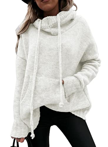 Aleumdr Strickpullover Damen Langarm Hoodie Pullover Damen Oversize Kapuzenpullover Winter Rollkragenpullover Sweatshirts Herbst Rollkragenpulli mit Kapuze,Weiß M von Aleumdr