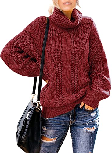 Aleumdr Strickpullover Damen Rollkragenpullover Elegant Damen Oversize Grobstrick Pullover Winterpullover Causal Strickpulli Sweater Festliche Pullover, Rot S von Aleumdr