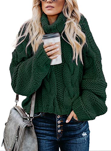 Aleumdr Strickpullover Damen Rollkragenpullover Elegant Pullover Damen Oversize Grobstrick Winterpullover Causal Strickpulli Sweater Grün XL von Aleumdr