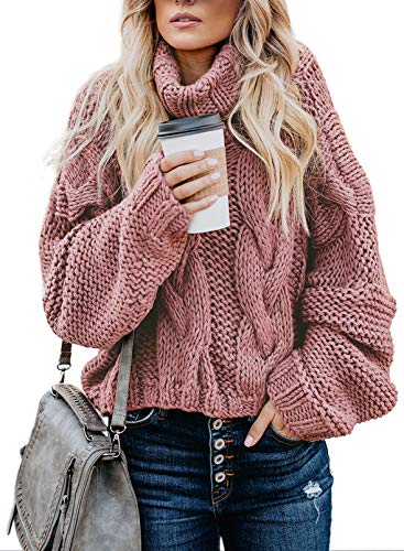 Aleumdr Strickpullover Damen Rollkragenpullover Elegant Pullover Damen Oversize Grobstrick Winterpullover Causal Strickpulli Sweater Pink S von Aleumdr