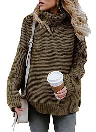 Aleumdr Strickpullover Grobstrick Damen Rollkragenpullover Strickpulli Pullover Pulli Langarm Sweater Loose Casual elegant Olivgrün M von Aleumdr