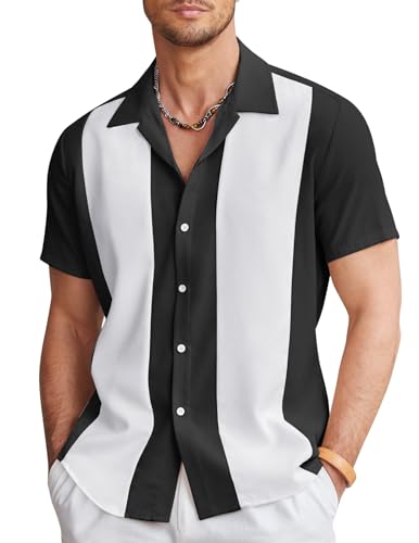 Herren Casual Vintage Bowling Shirt Kurzarm Button Down Hemd Sommer Kuba Kragen Beach Freizeithemden für Herren von Alienjoy