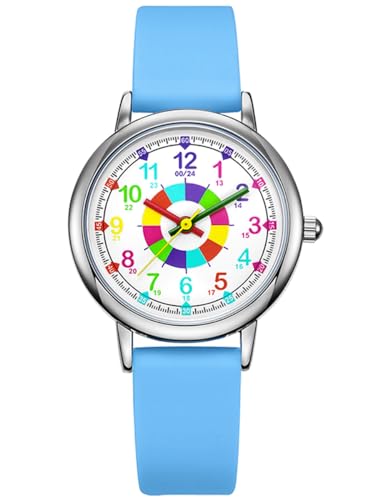 Alienwork Kids Lernuhr Kinderuhr Jungen Mädchen Silber Silikon-Armband Hellblau Mehrfarbig Kinder-Uhr Zeit Lernen Wasserdicht von Alienwork