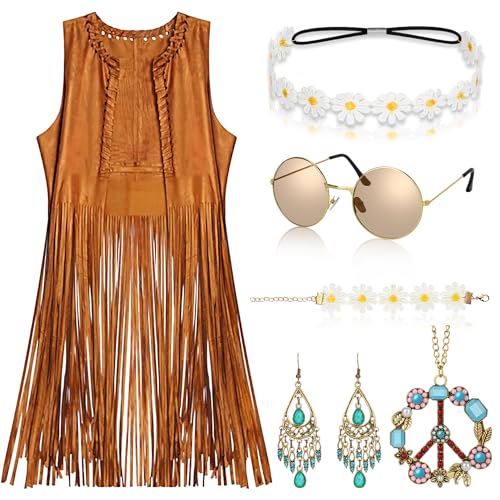 Alintor Hippie Kostüm Damen, 70er Jahre Outfit Damen, Hippie Weste Damen mit Hippie Accessoires, Flower Power Kleidung Damen, Hippie Kleidung Damen, Faschingskostüme, Karneval Kostüm Damen Alintor Hippie Kostüm Damen, 70er Jahre Outfit Damen, Hippie Weste Damen mit Hippie Accessoires, Flower Power Kleidung Damen, Hippie Kleidung Damen, Faschingskostüme, Karneval Kostüm Damen von Alintor
