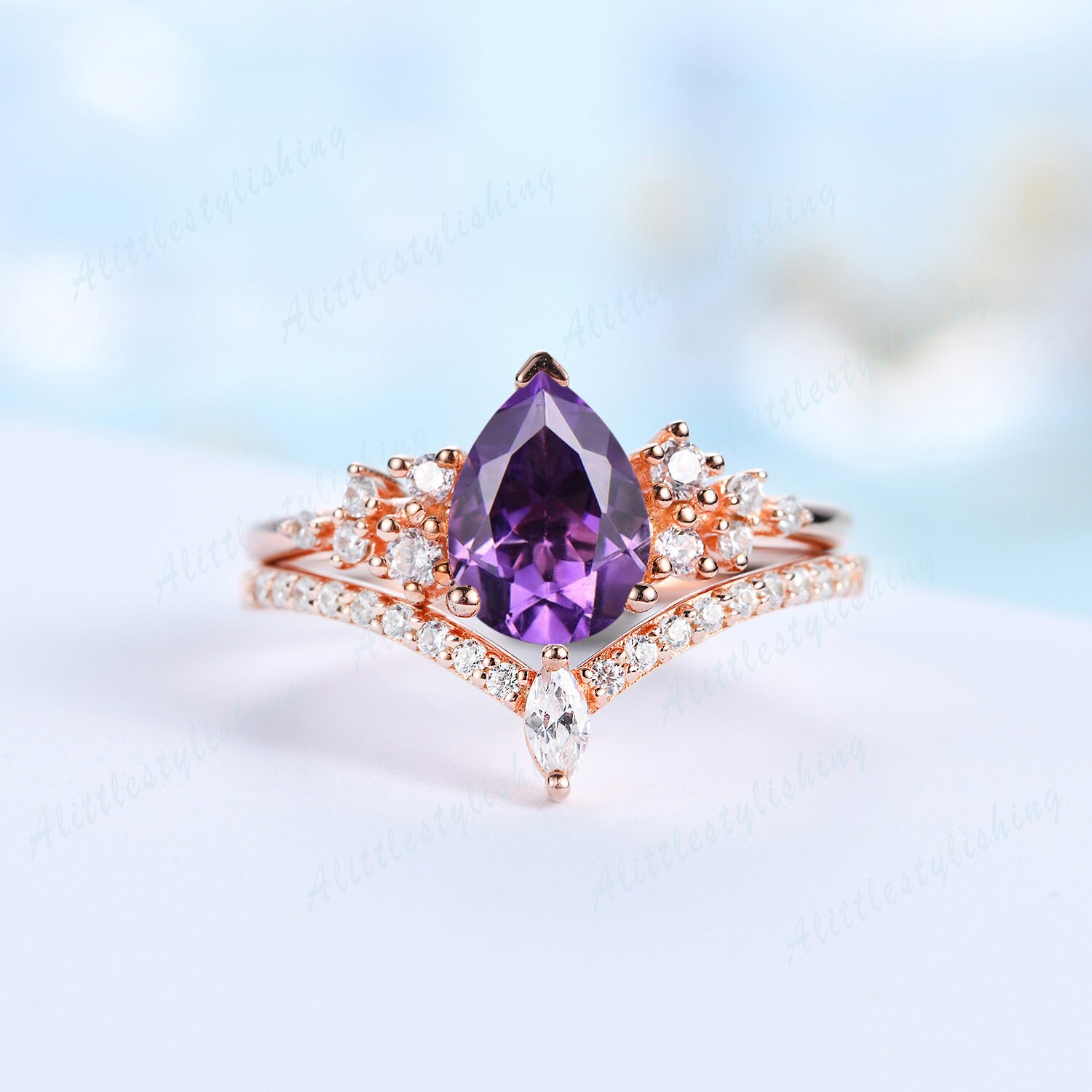 Amethyst-Ehering-Set, Roségold, Birnenschliff, Amethyst-Verlobungsringe Für Frauen, Verlobungsring, Moissanit-Brautset, Geschwungener Ehering von Alittlestylishing