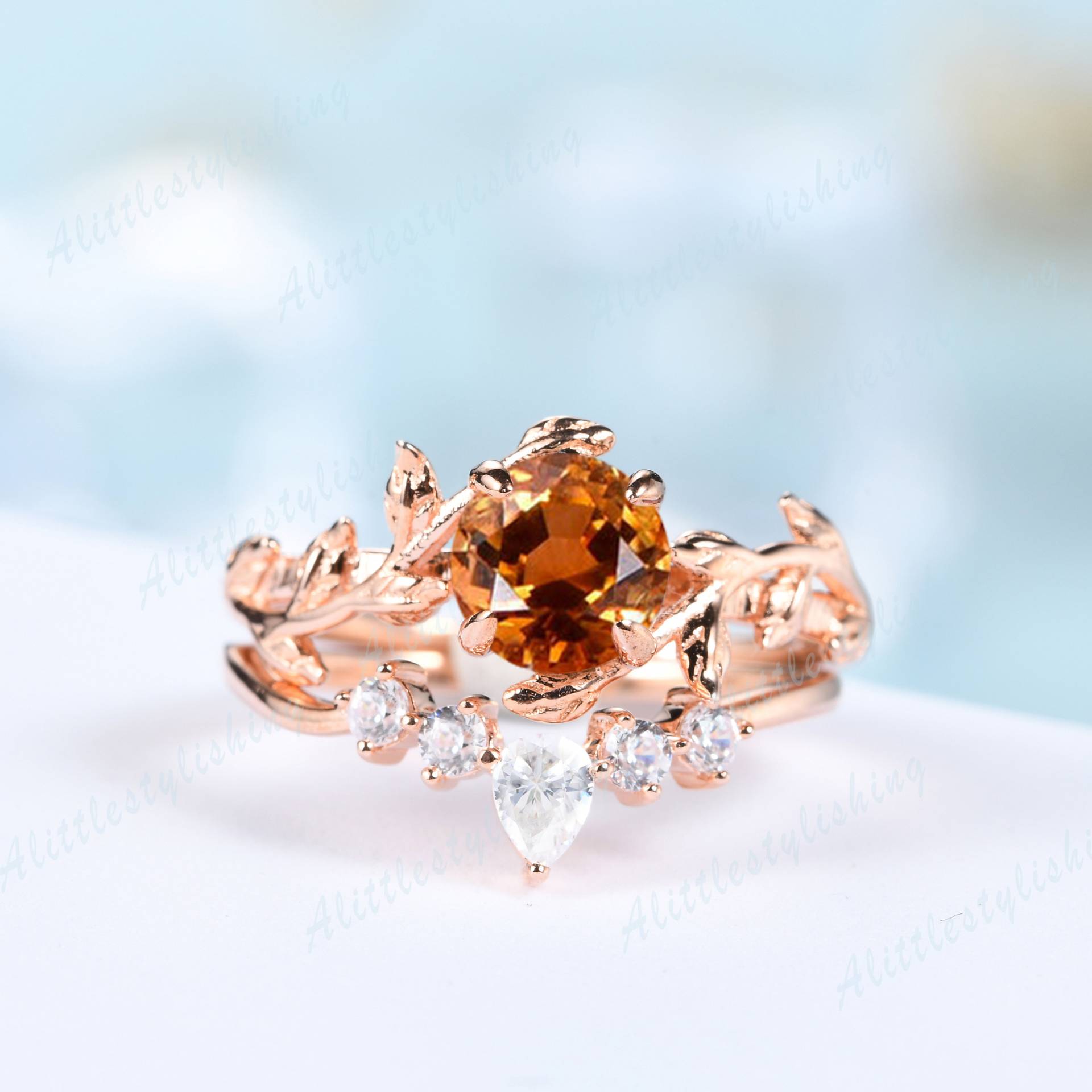 Citrin-Verlobungsring-Set, Vintage-Citrin-Ehering-Set, Einzigartiges Roségold-Ring-Set, Antike Blatt-stapelringe Für Frauen, Versprechens-Set von Alittlestylishing