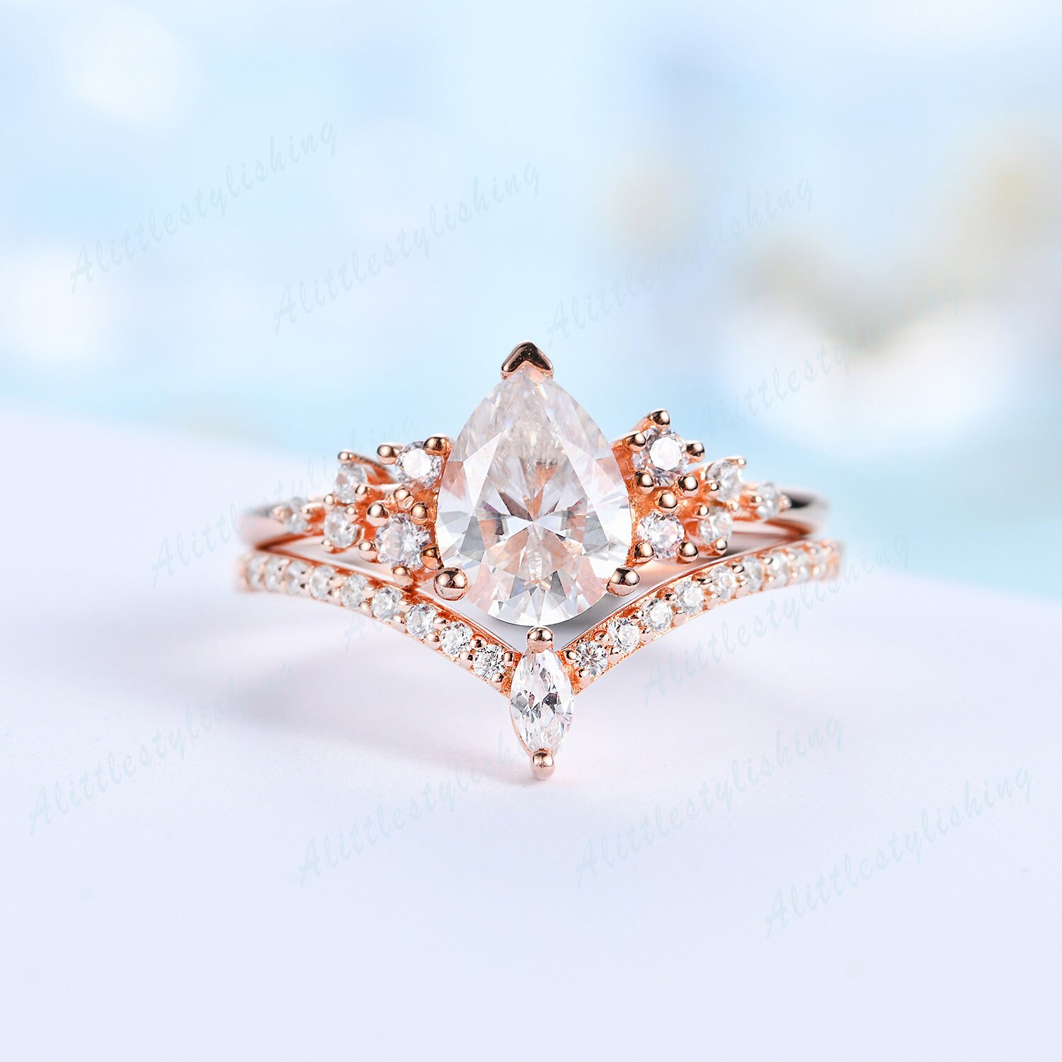 Moissanit-Versprechensringe Für Frauen, Moissanit-Ehering-Set, Roségold, Vintage-Verlobungsring, Marquise-Tiara, Ehering, Braut-Set von Alittlestylishing