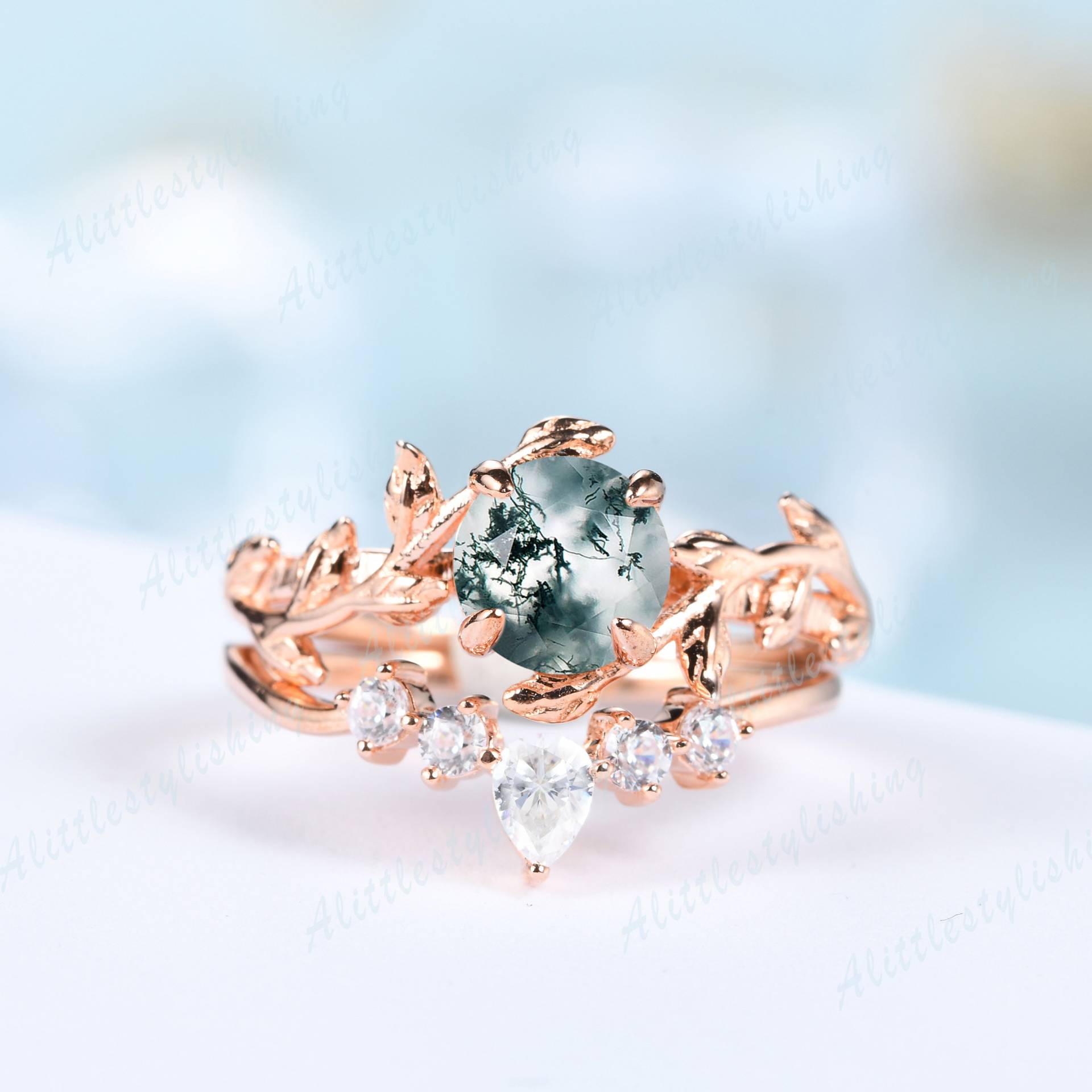 Moosachat-Verlobungsring-Set Für Frauen, Vintage-Moos-Achat-Verlobungsring-Set, Einzigartiger Zweigblatt-Ring, 14 Karat Roségold, Grüner Achat von Alittlestylishing