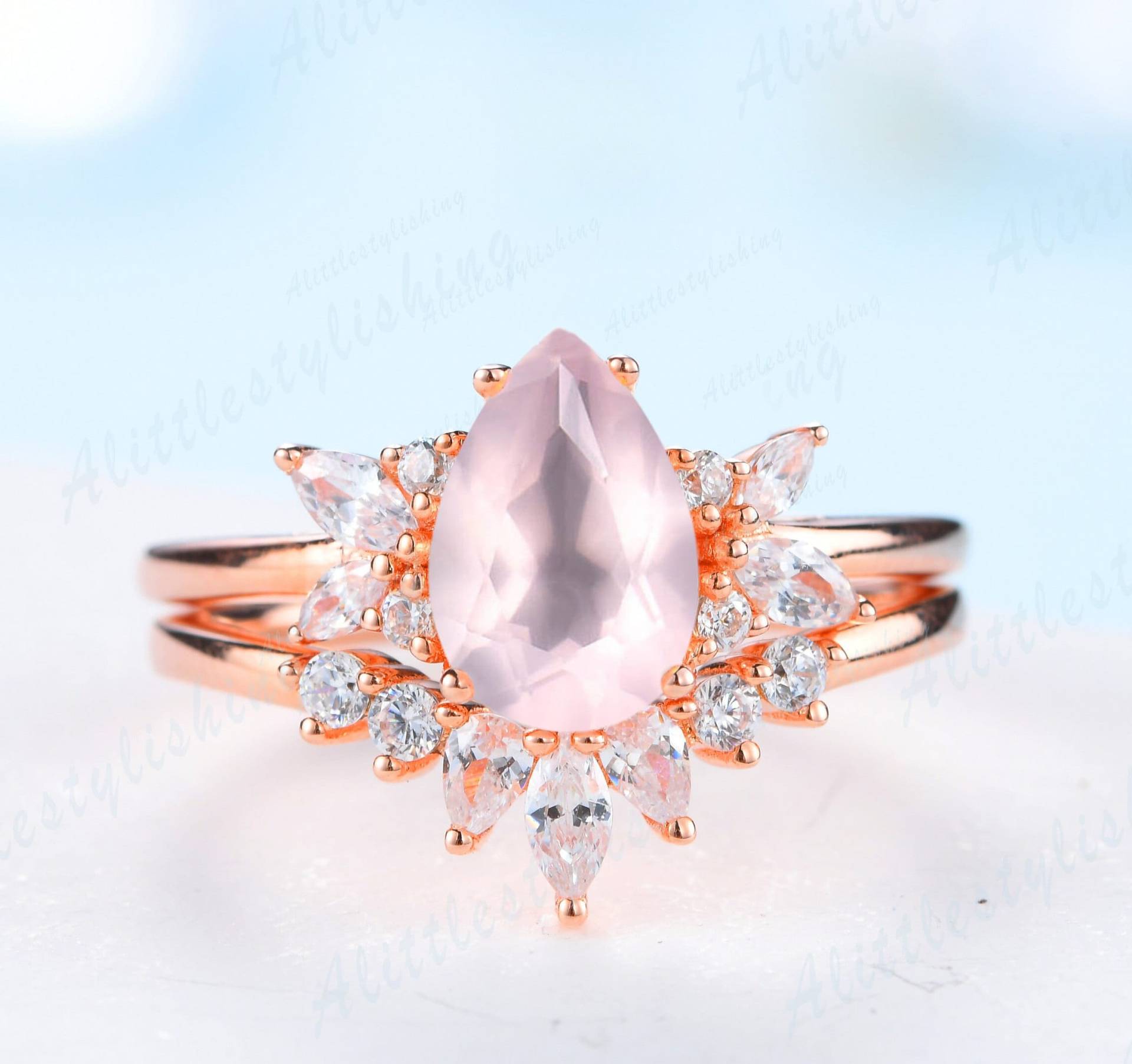 Rosenquarz Braut Set Zierliche Rose Gold Ring Vintage Verlobungsringe Für Frauen Handgemachter Schmuck Versprechen Hochzeit von Alittlestylishing