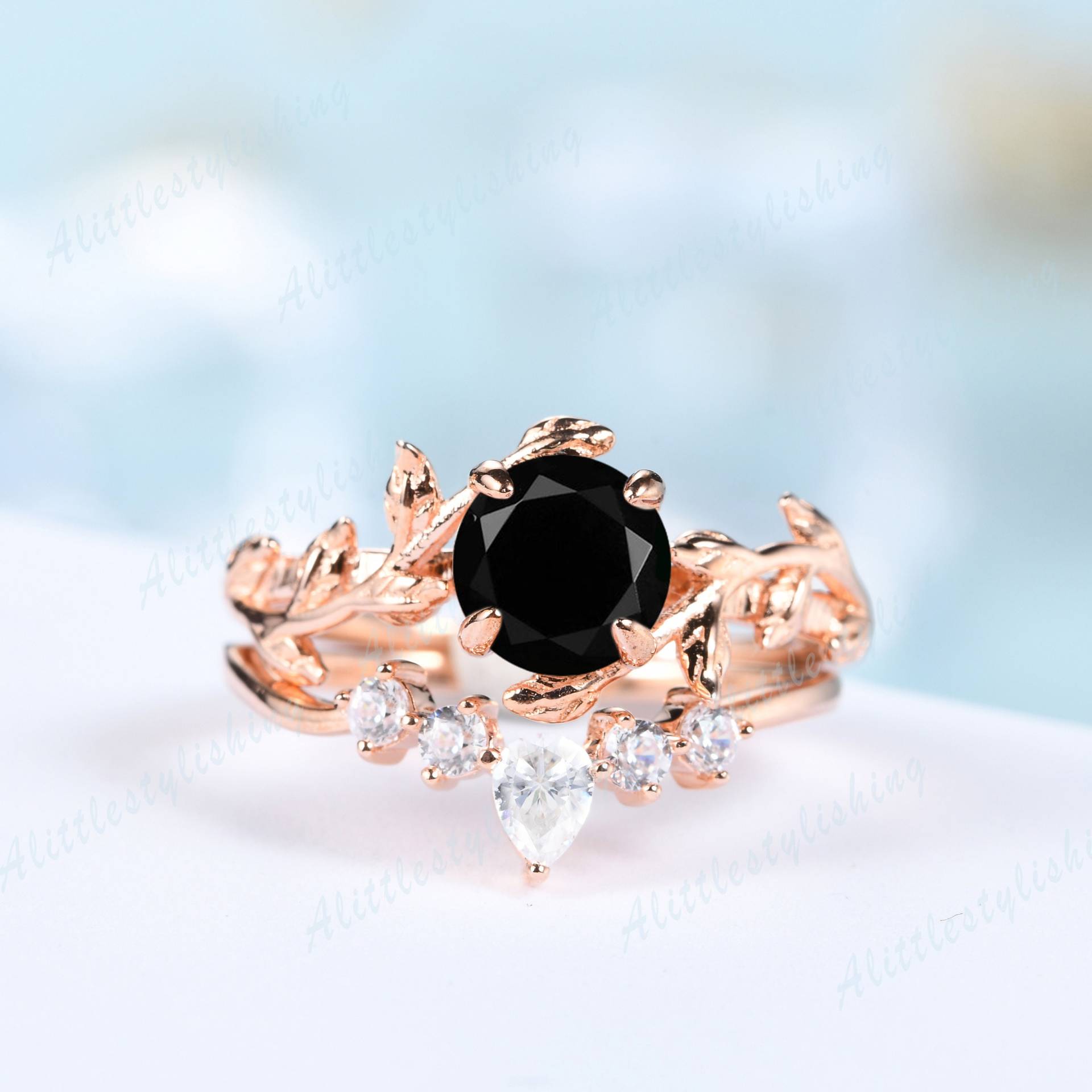 Schwarzes Onyx-Brautset/Vintage-Ranken-Verlobungsringe Für Frauen/Einzigartiger Roségold-Ring/Moissanit-Kurven-Ehering/stapel-Versprechensring-Set von Alittlestylishing