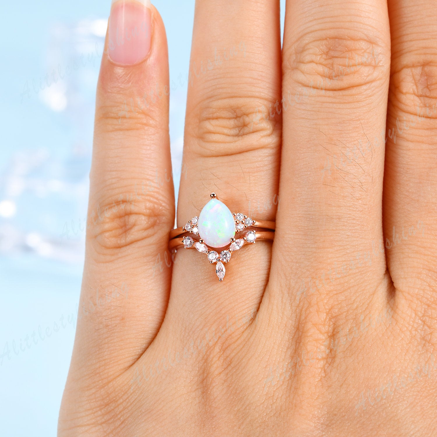 Tiara Opal Verlobungsring Set Kurve V Moissanite Ehering in 10K Rose Gold Sterling Silber Braut Art Deco Versprechen Ringe Frauen von Alittlestylishing