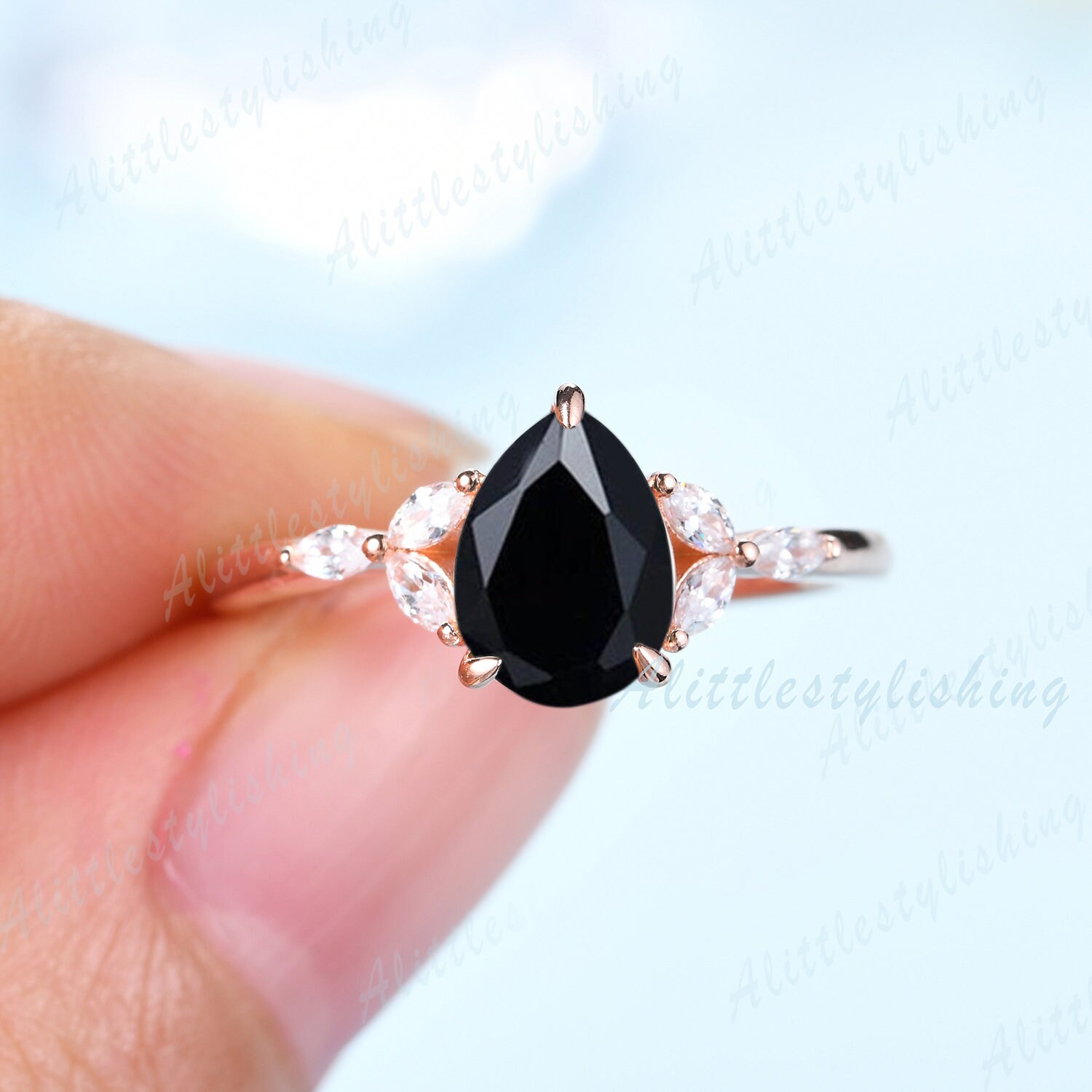 Vintage Schwarzer Onyx Verlobungsring Roségold Birnenförmiger Ring Zierlicher Hochzeit Brautring Art Deco Frau Jahrestag Geschenk Schmuck von Alittlestylishing