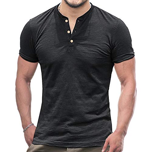 Herren Kurzarm T-Shirt Taste Knopfleiste Einfacher V-Ausschnitt Hemden Platte Baumwolle Schwarz M von palglg