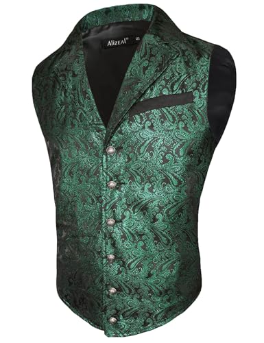 Alizeal Herren Paisley Weste Viktorianische Steampunk Gothic Formelle Casual für Party Bankett Anzug Weste, Schwarz+Dunkelgrün-2XL von Alizeal