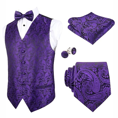 Alizeal Herren Weste Krawatte Hanky Manschettenknöpfe und Fliege Set Paisley Classic 5pc, Dunkelviolett-M von Alizeal