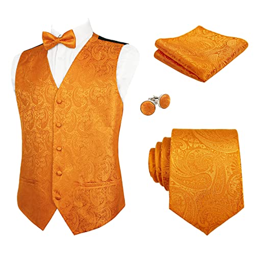 Alizeal Herren Weste Krawatte Hanky Manschettenknöpfe und Fliege Set Paisley Classic 5pc, Orange-XL von Alizeal