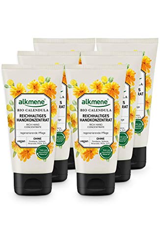 alkmene Handkonzentrat mit Bio Calendula - Reichhaltige Handcreme für sehr trockene Hände & rissige Hände - vegane Creme ohne Silikone, Parabene, Mineralöl, PEGs, SLS & SLES im 6er Pack (6x 75 ml) von Alkmene