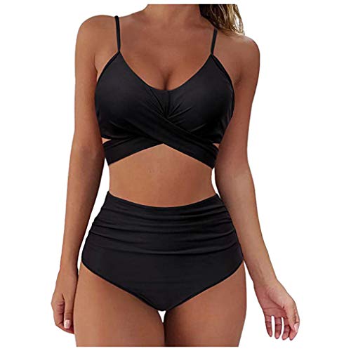 Allegorly Damen Bikini Set Triangel Breites Unterbrustband Bademode Zweiteiliger Badeanzug Wickeloptik Lace Up Bikini Bademode V Ausschnitt Blumenmuster Zweiteiliger Badeanzug Swimsuit (9-Black, L) von Allegorly