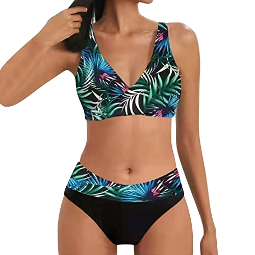 Allegorly Damen Bikini Set Triangel Breites Unterbrustband Bademodes Zweiteiliger Badeanzug Wickeloptik Lace Up Bikini Bademodes V Ausschnitt Blumenmuster Zweiteiliger Badeanzug (HJ1C-Green, XXXL) von Allegorly