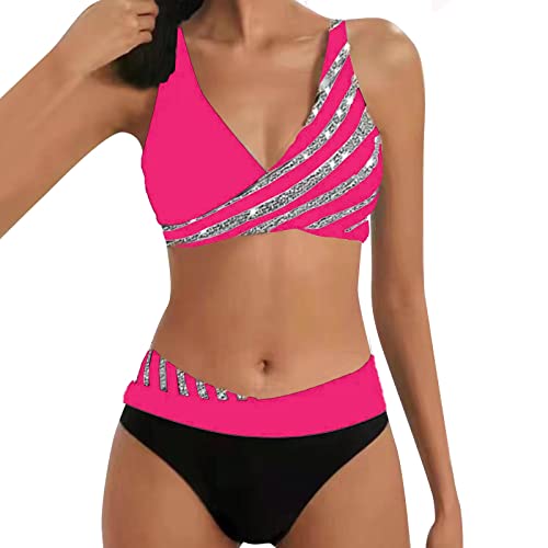 Allegorly Damen Bikini Set Triangel Breites Unterbrustband Bademodes Zweiteiliger Badeanzug Wickeloptik Lace Up Bikini Bademodes V Ausschnitt Blumenmuster Zweiteiliger Badeanzug (HJ1D-Hot Pink, S) von Allegorly