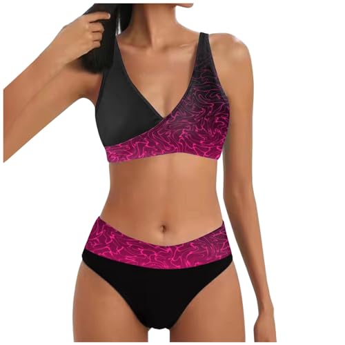 Allegorly Damen Bikini Set Triangel Breites Unterbrustband Zweiteiliger Badeanzug Wickeloptik Lace Up Bikini V Ausschnitt Blumenmuster Zweiteiliger Badeanzug Swimsuit (1A-Hot Pink, M) von Allegorly