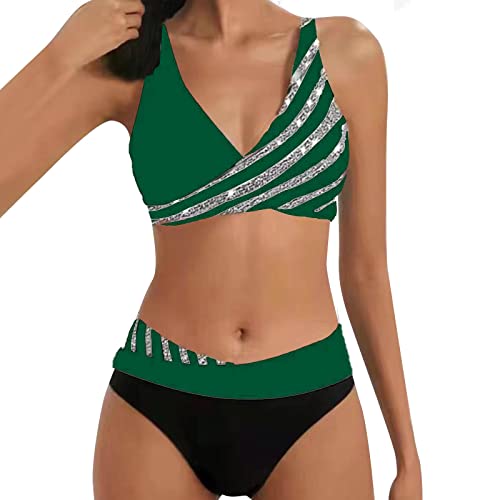 Allegorly Damen Bikini Set Triangel Breites Unterbrustband Zweiteiliger Badeanzug Wickeloptik Lace Up Bikini V Ausschnitt Blumenmuster Zweiteiliger Badeanzug Swimsuit (HJ1D-AG, L) von Allegorly