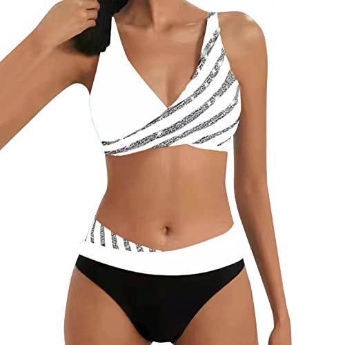 Allegorly Damen Bikini Set Triangel Breites Unterbrustband Zweiteiliger Badeanzug Wickeloptik Lace Up Bikini V Ausschnitt Blumenmuster Zweiteiliger Badeanzug Swimsuit (HJ1D-White, XXL) von Allegorly