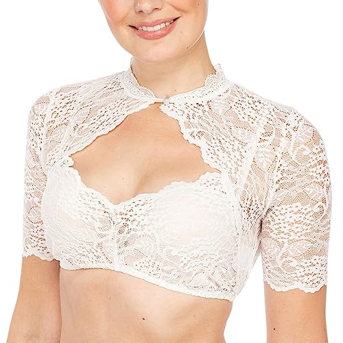 Allegorly Damen Trachtenbluse Dirndlbluse Damen Trachtenbluse Spitze Dirndl Blusen Kurzarm Schulterfrei Spitzendirndlbluse Stretch Bluse Transparent Elegante Trachtenmode für (AL2-White, M) von Allegorly