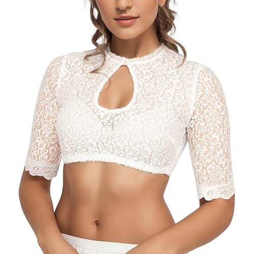 Allegorly Damen Trachtenbluse Dirndlbluse Damen Trachtenbluse Spitze Dirndl Blusen Kurzarm Schulterfrei Spitzendirndlbluse Stretch Bluse Transparent Elegante Trachtenmode für (AL6-White, L) von Allegorly