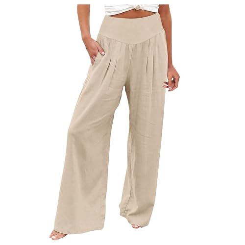 Allegorly Leinenhose Damen Hose Sommer Musselin Hosen Stoffhose Einfarbig Freizeithose Gerade Geschnitten Hose Sommerhose Taschen Sommer Casual Leichte Palazzo Hose Freizeithose (f-Beige, XXL) von Allegorly