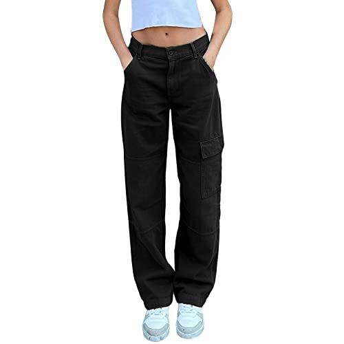 Allegorly Cargohose Damen Baggy y2k High Waist Cargo Hose 90er Streetwear mit Tasche Breites Bein Boyfriend Pants E-Girl Style Boyfriend Pants Frauen Jeanshose Elastische Hose, G-schwarz, M von Allegorly